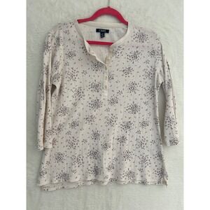 Chaps Womens Cream Floral Ribbed Henley Top Long Sleeve Ditsy Print M